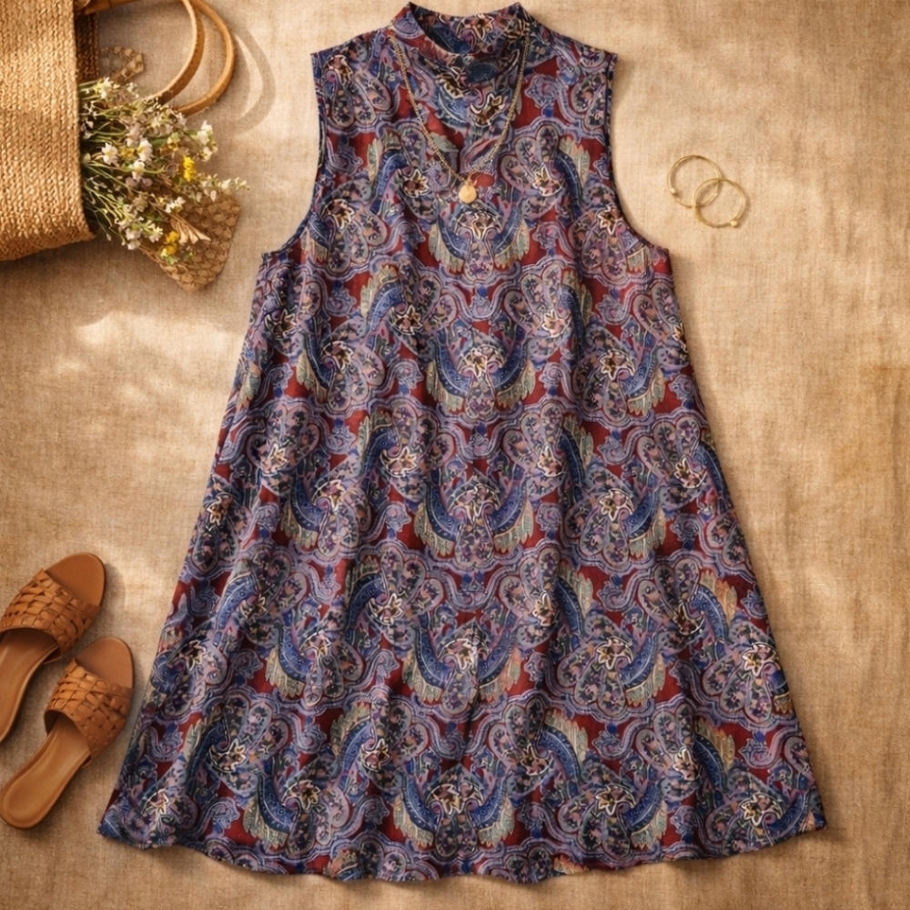 Cotton Candy LA Paisley Swing Dress L Mock Neck Rayon A-Line
